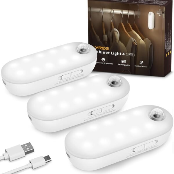 Lyridz Rechargeable LED Closet Light, Stick on Motion Sensor Light Indoor Battery Operated, 3 Pack Magnetic Dimmable Under Cabinet Lights for Stairs, Wardrobe, Kitchen, Laundry, Cool White